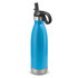 A drink bottle featuring a sleek blue design with a flip lid and a sturdy handle, accented by a stainless steel bottom.