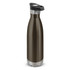 A drink bottle in dark olive green with a stainless steel base and a push-button lid. It features a logo.