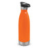 A drink bottle featuring an orange body and a stainless steel base, equipped with a push button lid and a logo.