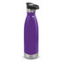 A drink bottle featuring a sleek purple design with a stainless steel base and a push-button lid for easy access.