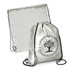 A silver drawstring backpack with a logo, featuring a simple design and two black cords.