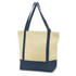 A beige tote bag with navy blue handles and a navy blue base, featuring a logo.