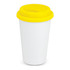 A double wall coffee cup in white with a bright yellow lid, featuring a logo.