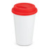 A double wall coffee cup in white with a red silicone lid, featuring a logo.