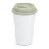 A double wall coffee cup in full color with a sleek white body and a light-colored lid.