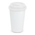 A double wall coffee cup in full color with a white lid.