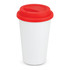 A coffee cup with a white body and red lid, featuring a logo on its side.