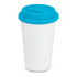 A double wall coffee cup in full color featuring a bright blue lid and a white body.