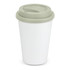 A double wall coffee cup in white with a pale green silicone lid. Features a logo on the side.