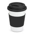 A coffee cup featuring a white body, black silicone grip, and black lid, with a logo on its surface.