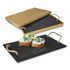 A slate serving board in black with rope handles, presented with small cheese portions and a golden box.