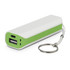 A power bank with a white body and green accents, featuring a USB port and keyring attachment.