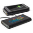 A black power bank with colourful branding, next to a smartphone displaying a charging icon.
