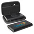 A black wireless power bank is displayed inside a zippered case with a mesh pocket and a circular button panel.