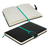 A black notebook with a turquoise elastic band, open to reveal lined pages and a ribbon bookmark.