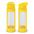 A drink bottle in vibrant yellow with a clear body and two different lid designs, featuring a logo.