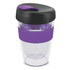 A drink bottle with a clear body, black lid, and purple silicone band, featuring a branding logo. Holds 330ml.