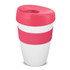 A drink bottle featuring a white body with a pink lid and silicone grip. It has a logo on the surface.