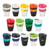 A collection of double wall drink cups in various colours, featuring different logos and designs.
