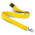 A bright yellow lanyard with a clip at one end and a plastic buckle. It features a logo.