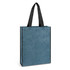 A blue heather tote bag with black handles and a logo on the front.