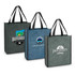 A trio of tote bags in dark green and blue fabrics, featuring different logos on the front panels.