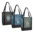 A set of three tote bags in grey and blue with black accents, each featuring a different logo design.