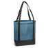 A tote bag featuring a heathered blue body and a black base, with black fabric handles. It includes a logo.