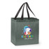 A grey tote bag with black handles featuring a playful character and colourful design. It has a logo on the front.