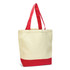 A canvas tote bag in cream with a red bottom and red handles, featuring a logo.