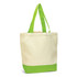 A canvas tote bag in cream with bright green handles and a green base. It features a logo on one side.