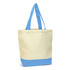 A canvas tote bag featuring a cream body and light blue bottom, complete with long blue handles and a logo.