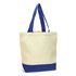 A canvas tote bag in cream with a blue base and blue handles. It features a logo on the side.