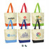 A collection of six canvas tote bags in various colours, featuring different logos and designs on a natural background.