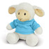 A fluffy lamb plush toy wearing a blue shirt, featuring a friendly face and a soft, cuddly texture.