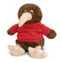 A brown kiwi plush toy wearing a red shirt, sitting with a rounded body and large feet. It has big eyes and a long beak.