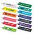 A collection of woven key rings in various colours, each with a logo or branding.