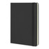 A large black hardcover notebook with a cream-coloured interior and an elastic band closure. It features a logo.