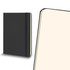 A large black hard cover notebook with an elastic band, featuring cream-coloured pages inside.