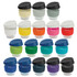 A collection of reusable coffee cups in various colours, featuring a transparent borosilicate body and coloured lids.