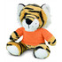 A plush tiger toy featuring orange and black stripes, wearing an orange shirt and has a friendly expression.