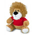A plush toy lion with a fluffy mane and a red shirt, featuring black eyes and a friendly expression.