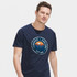 A navy blue men's t-shirt featuring a circular logo design with mountains and trees.