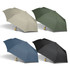 A compact umbrella available in beige, green, blue, and black, featuring a small branding logo.