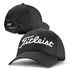 A black cap with a curved brim and a logo on the front, featuring an adjustable strap at the back.