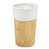 A coffee cup featuring a white top and a bamboo-style base with a lid, designed for beverages.
