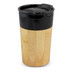 A bamboo coffee cup with a black lid and top, featuring a smooth finish and a natural wood appearance.