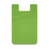 A green silicone phone wallet with two compartments and a logo. Suitable for attaching to mobile phones.