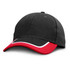 A black cap with a red peak and white detailing, featuring a branding logo on the front.