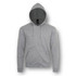 A grey unisex hooded sweatshirt with a zip front and a hood, featuring a logo.